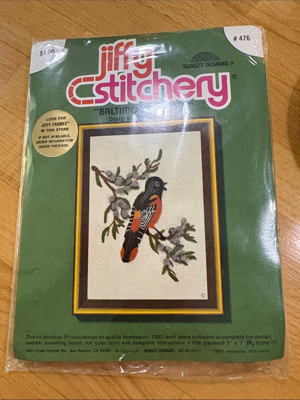 NIP Jiffy Stitchery Baltimore Oriole Embroidery Kit
